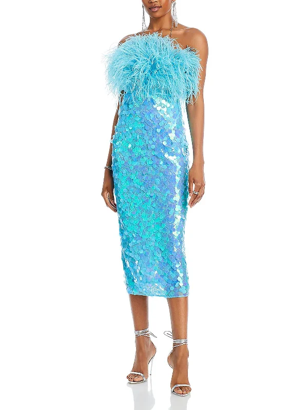 Womens Feather Trim Long Cocktail And Party Dress