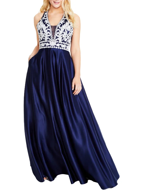 Juniors Womens Embroidered Embellished Evening Dress