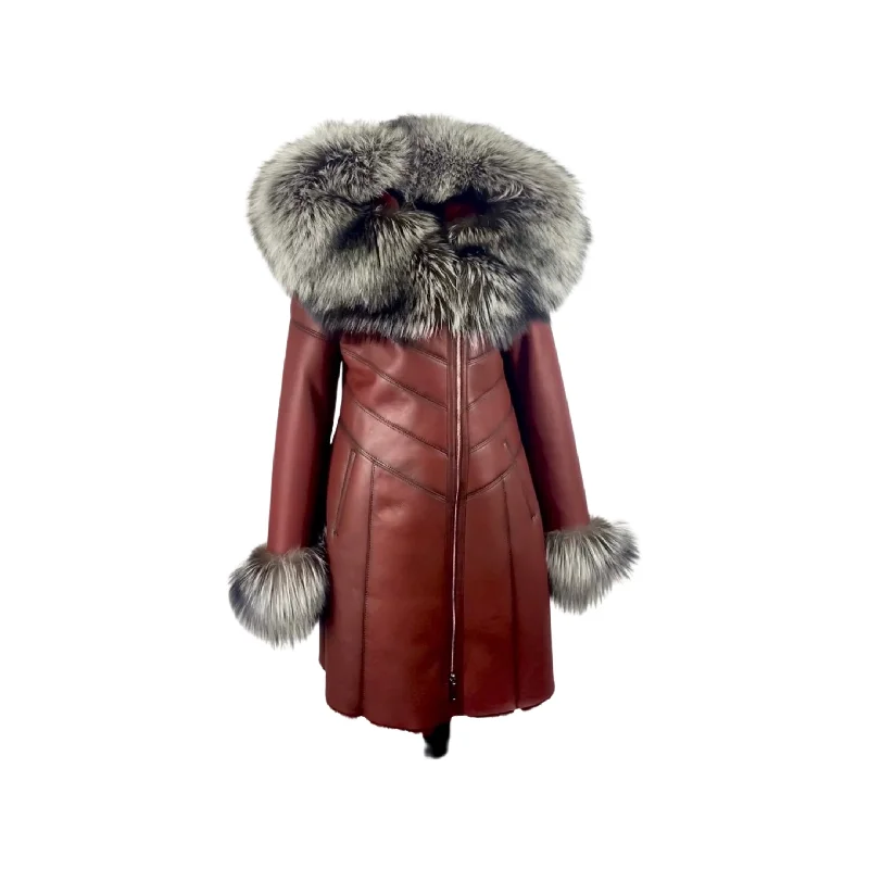 Burgundy Silver Fox trimmed 3/4 Women Shearling Coat  Style # 3200