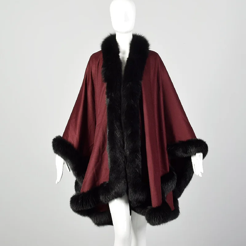 OSFM Alaskan Burgundy Cashmere Black Fox Fur Trim Wrap