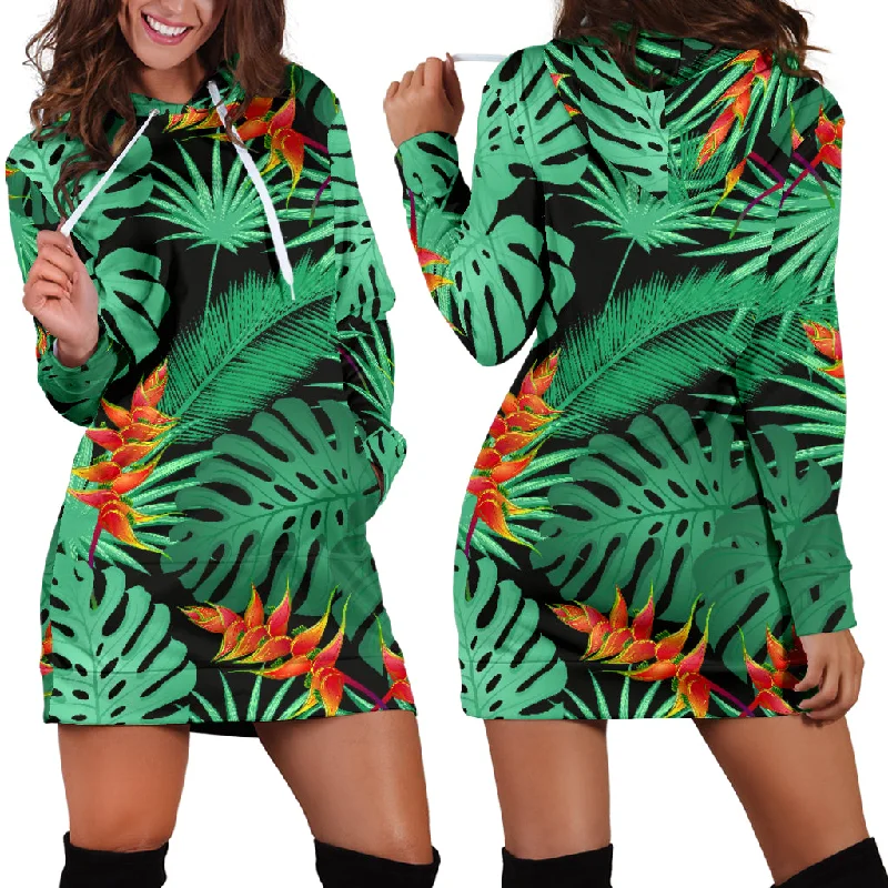 Heliconia Flower Palm Monstera Leaves Black Background Women'S Hoodie Dress