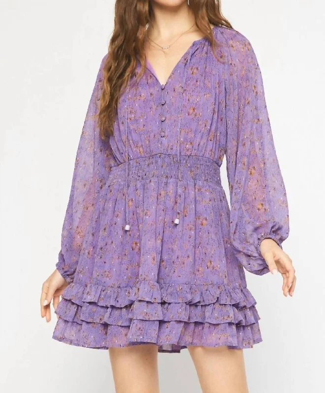 Long Sleeve Smocked Dress In Purple