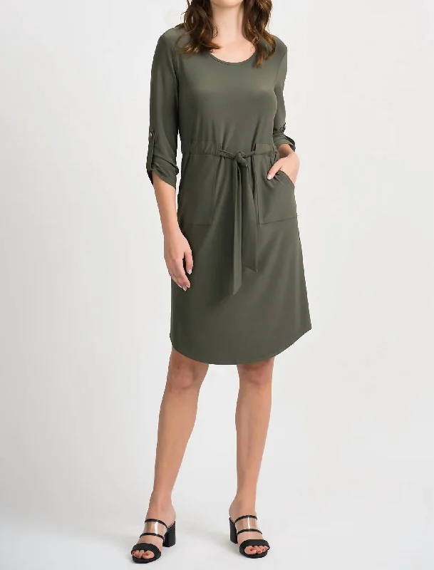 Gathered Three-Quarter Length Dress In Avocado