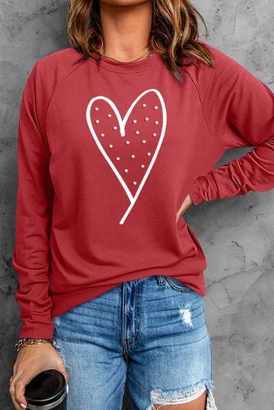 Heart Pearl Detail Round Neck Ladies Sweatshirt