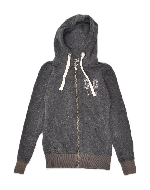 SUPERDRY Womens Zip Hoodie Sweater UK 2 2XS Grey Cotton