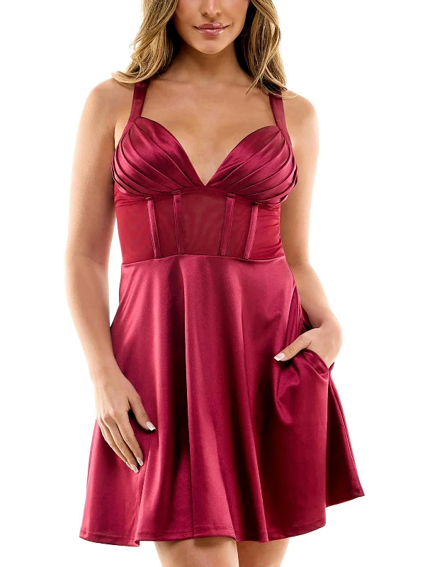 Juniors Womens Corset Seamed Satin Fit & Flare Dress