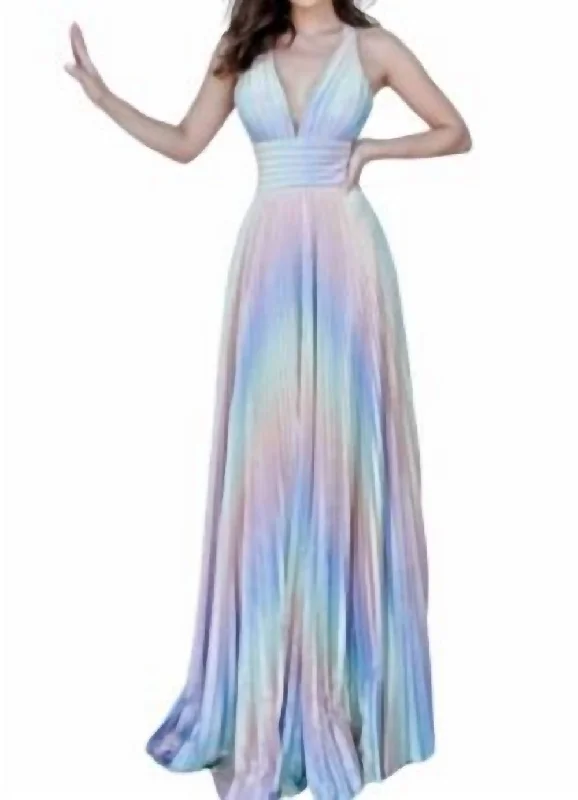 Pleated V-Neck Gown In Multi