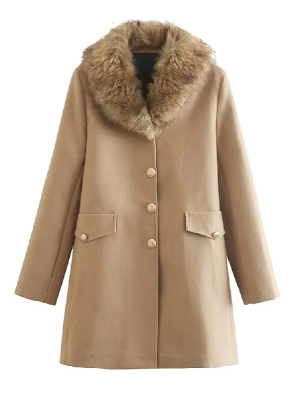 Elegant Wool Coats Women's Woolen Coat Fur Collar Slim Single Breasted Midi Length Coats