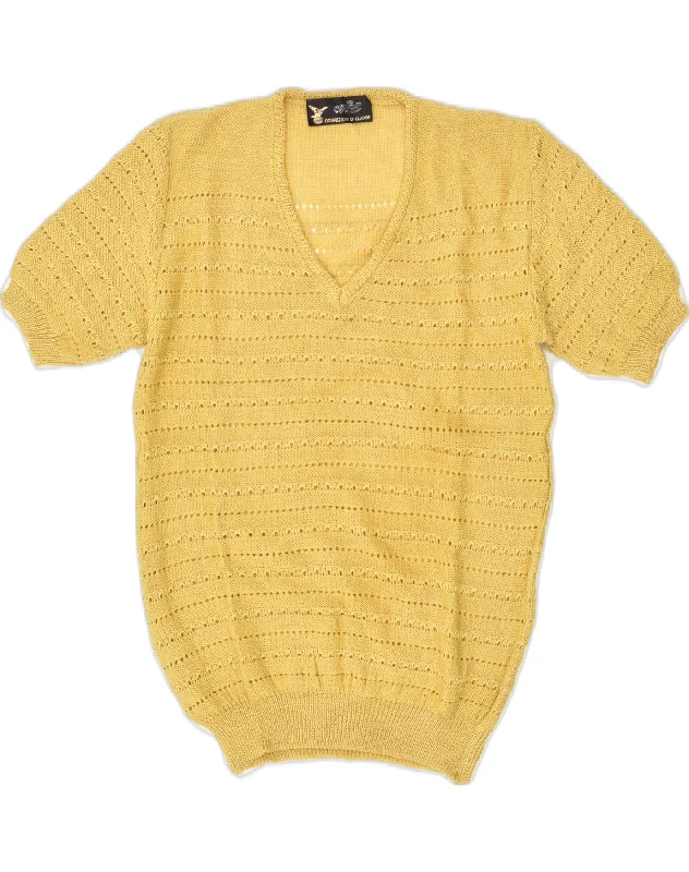 VINTAGE Womens Short Sleeve V-Neck Jumper Sweater UK 12 Medium Yellow