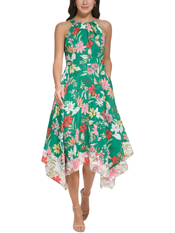 Petites Womens Floral Print Tea Length Halter Dress