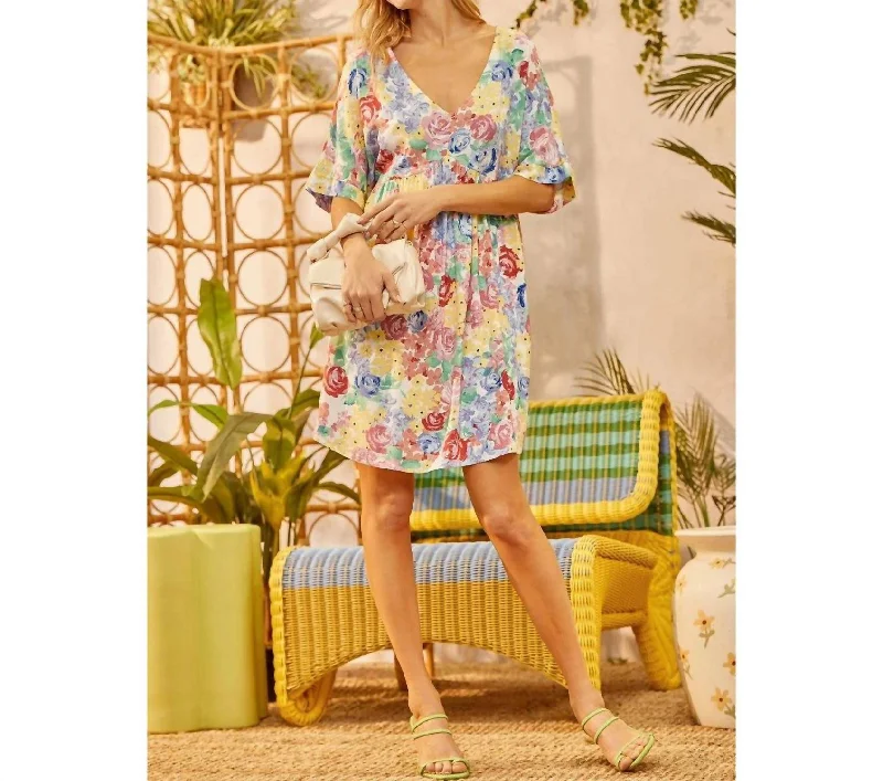 Short Sleeve V-Neck Floral Dress In Ivory Multi