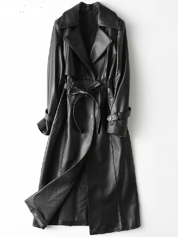 Autumn Long Long Black Pu Leather Trench Coat for Women