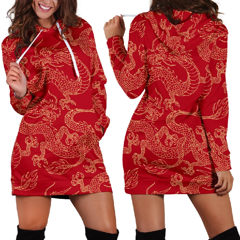 Gold Dragons Red Background Women'S Hoodie Dress