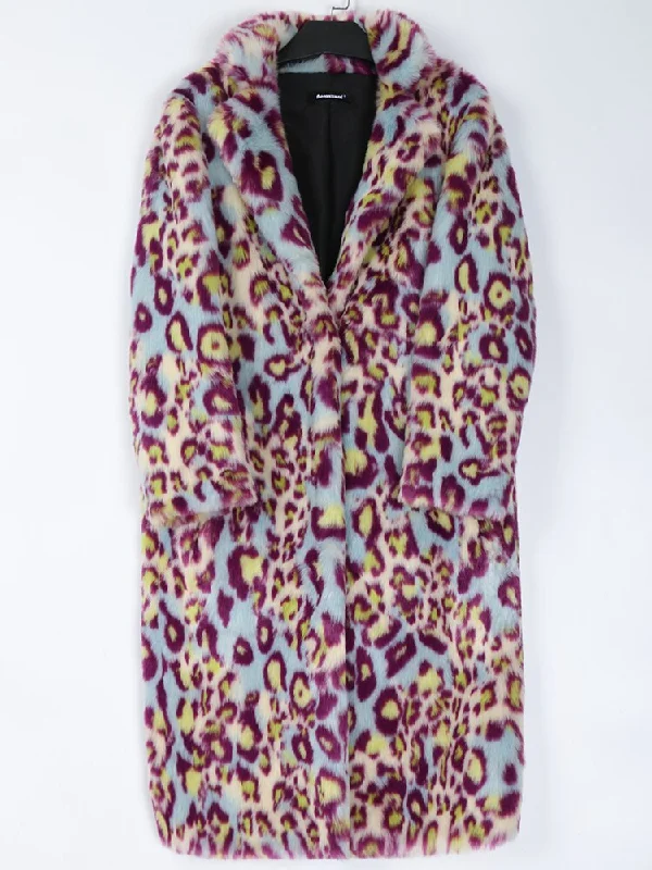 Multicolor Long Colorful Leopard Print Faux Fur Coat Women