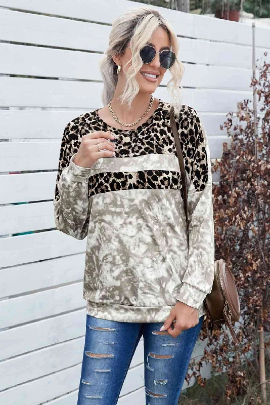 Tie-Dye Leopard Round Neck Ladies Sweatshirt