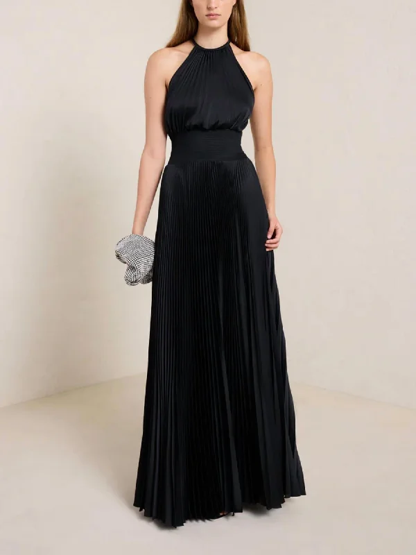 Renata Satin Pleated Dress In Black