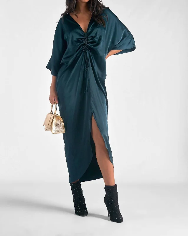 Flowy V-Neck Midi Dress In Pine Green