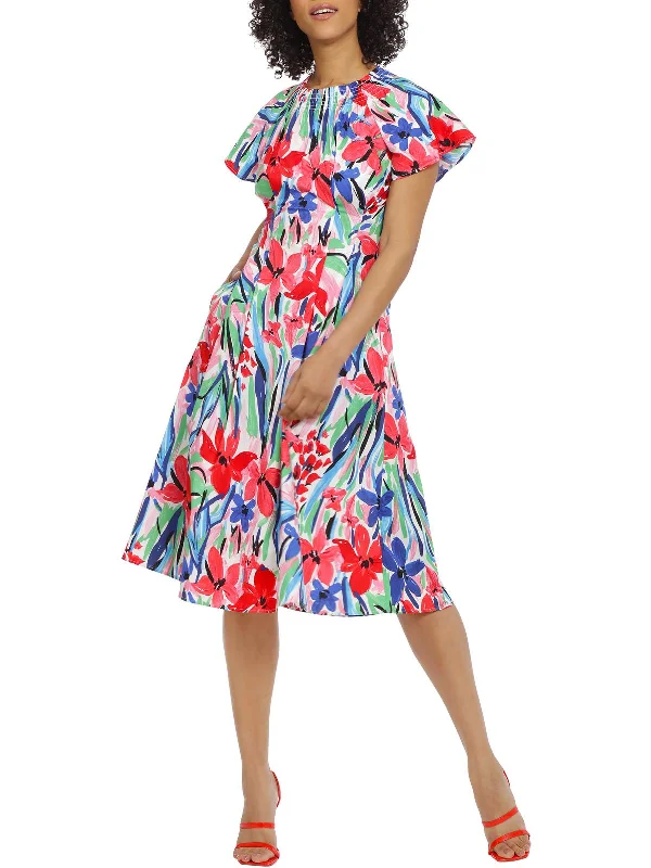 Womens Floral Print Cotton Midi Dress