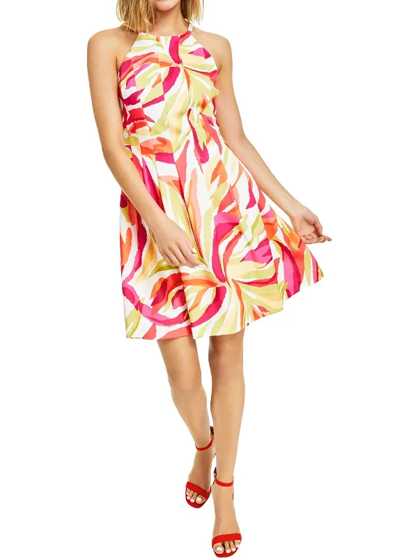 Womens Above Knee Printed Workwear Halter Dress