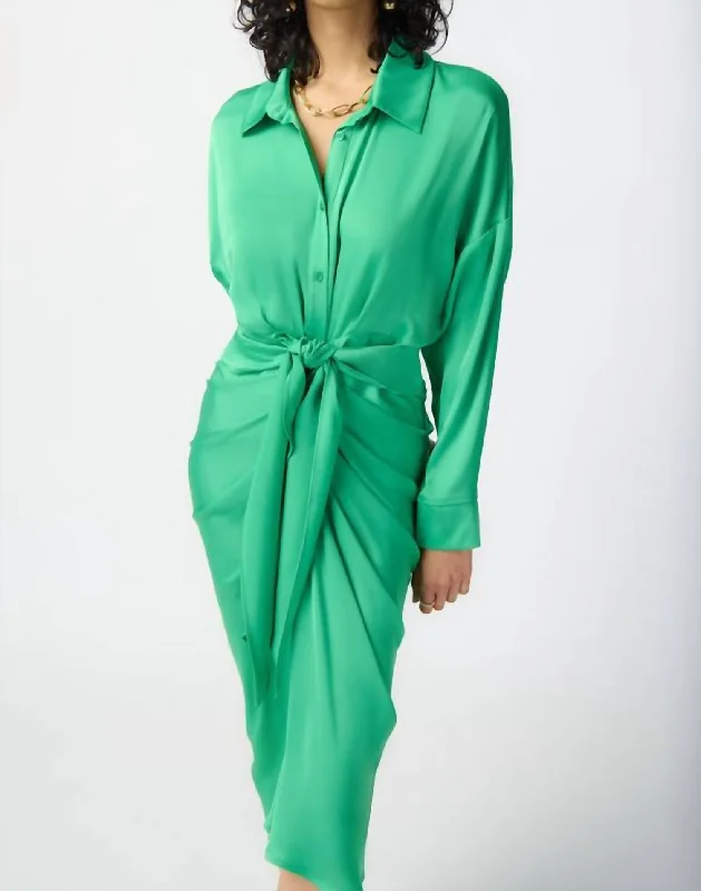 Tie Front Satin Blouse Dress In Green