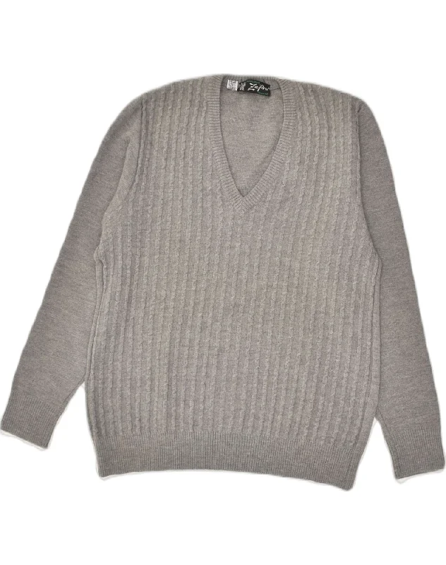 VINTAGE Womens V-Neck Jumper Sweater Small Grey Wool