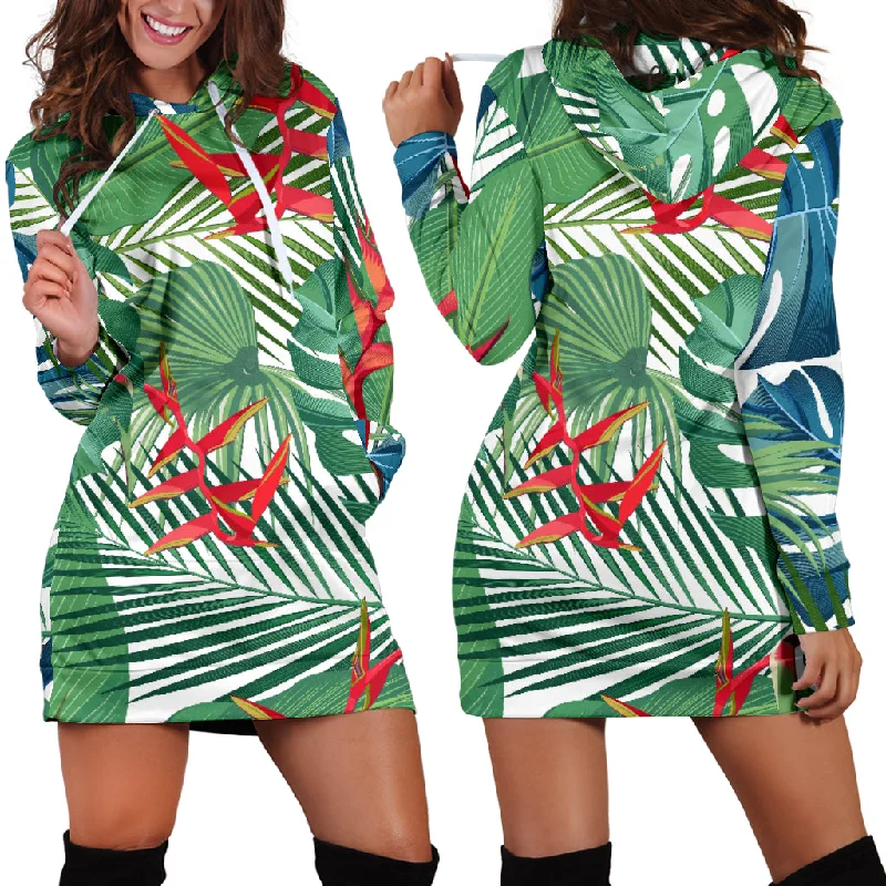 Heliconia Palm And Monstera  Leaves Pattern Women'S Hoodie Dress