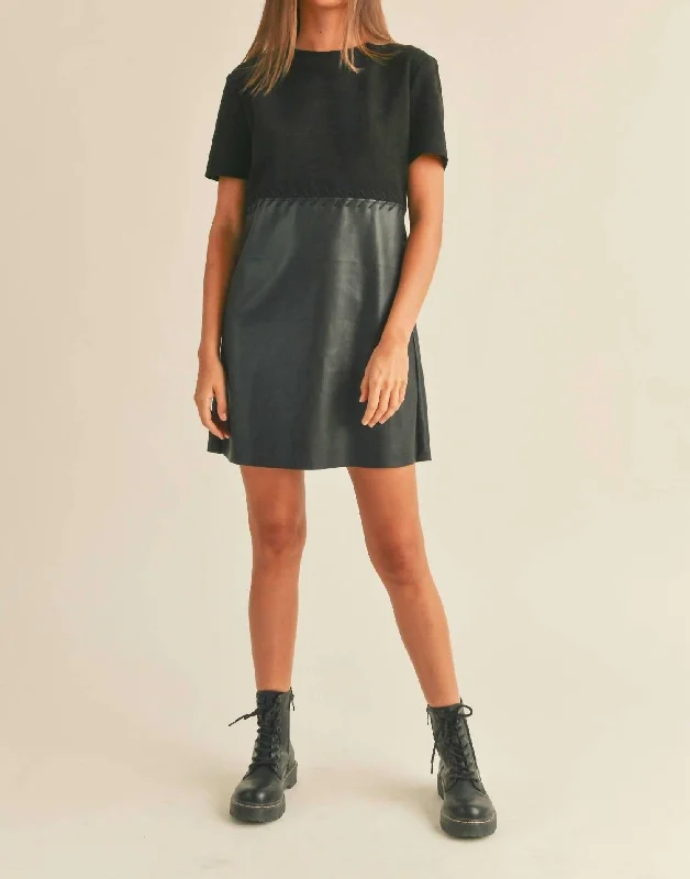 Stitch It Up Suede & Faux Leather Shift Mini Dress In Black