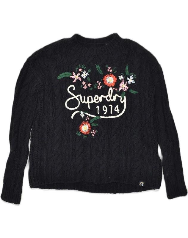 SUPERDRY Womens Graphic Crew Neck Jumper Sweater UK 6 XS Navy Blue Acrylic