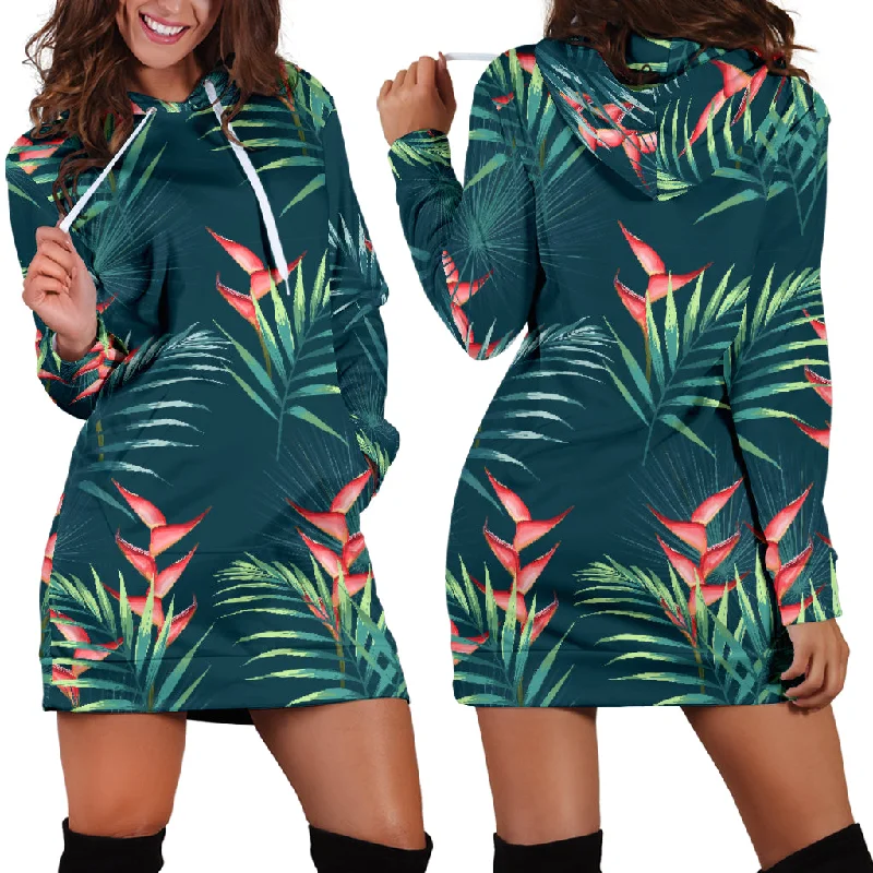 Heliconia Flowers, Palm And Monstera Leaves On Black Background Pattern Women'S Hoodie Dress