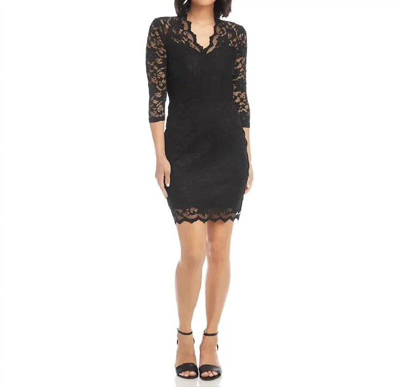 V-Neck Scallop Lace Hem Dress In Black