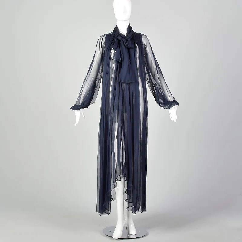 1970s Elegant Silk Chiffon Coat in Navy Blue