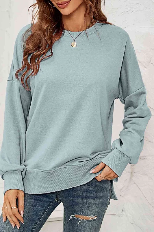 Round Neck  Dropped Shoulder Slit Ladies Sweatshirt