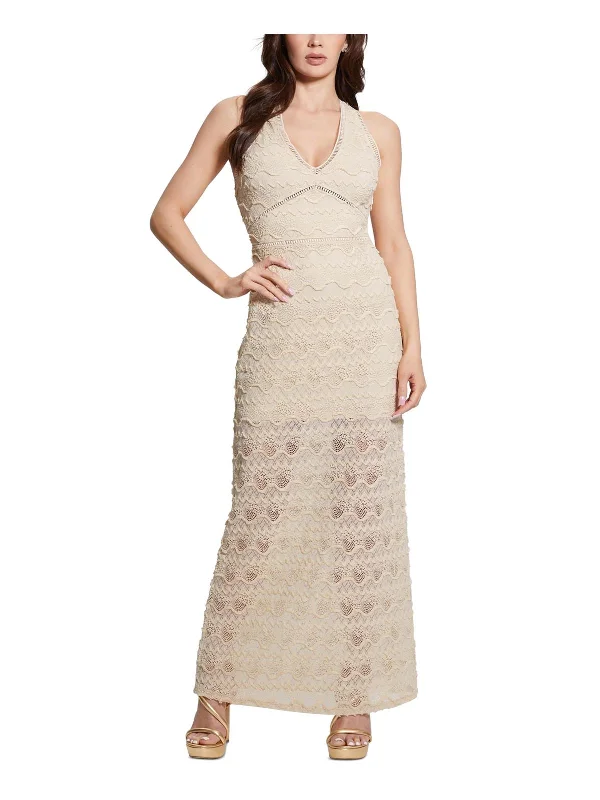 Womens Embroidered Lace Evening Dress