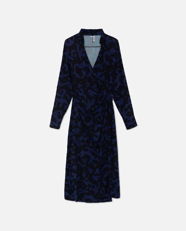 Abstract Midi Wrap Dress In Navy