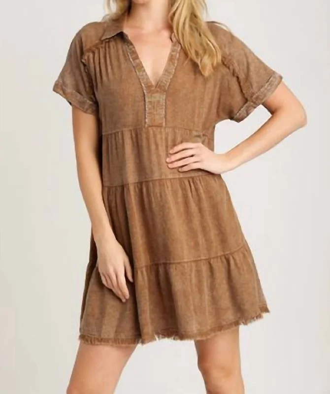 Mineral Wash With Contrast Detail Tiered Dress In Cappuccino