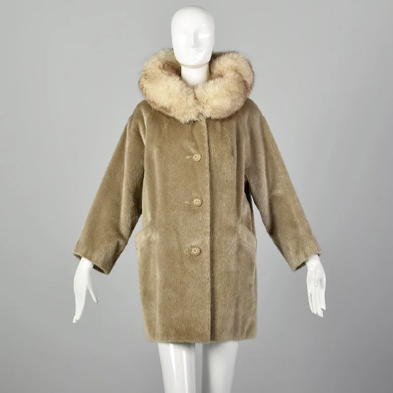 Large 1960s Tan Faux Fur and Fox Fur Collar Coat