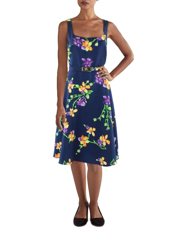 Womens Floral Knee Length Fit & Flare Dress