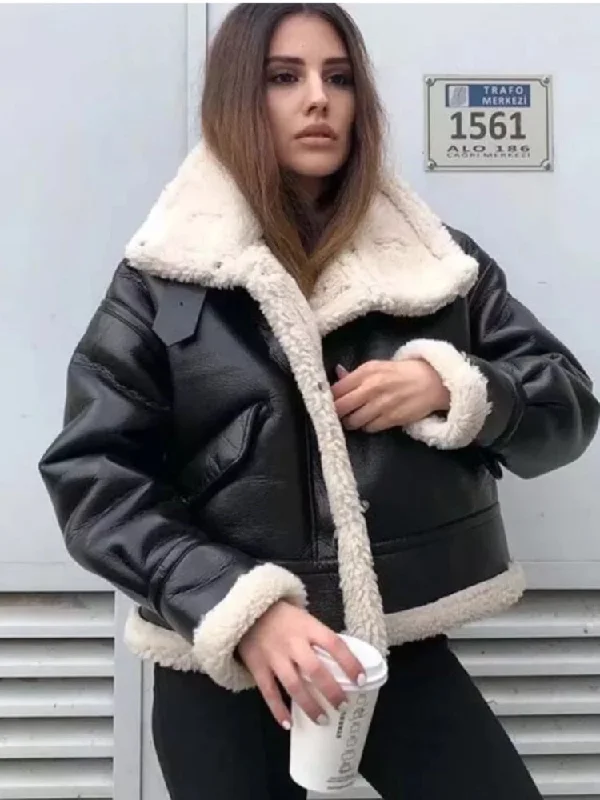 Winter Women Streetwear Faux Lamb Leather Fur Lapel Crop Jacket