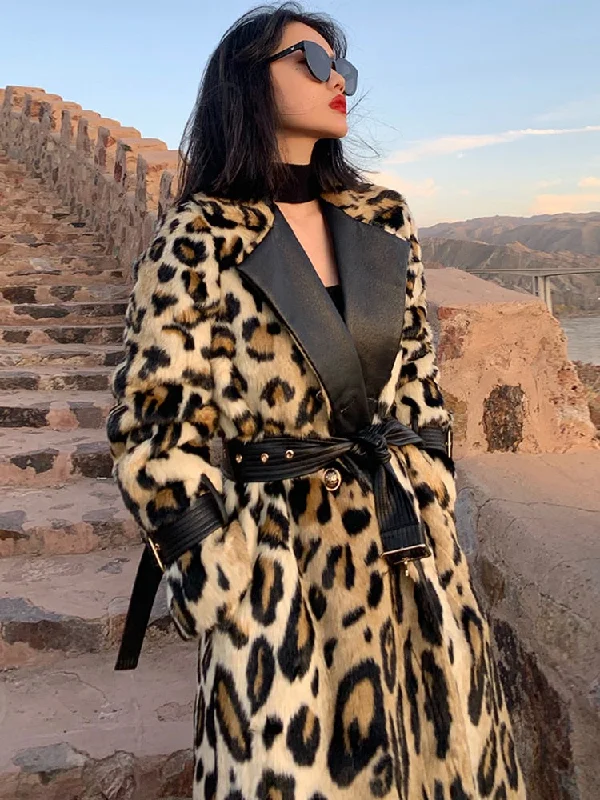 Winter Long Leopard Print Warm Fluffy Faux Fur Trench Coat for Women Long Sleeve Double Breasted Long Coat