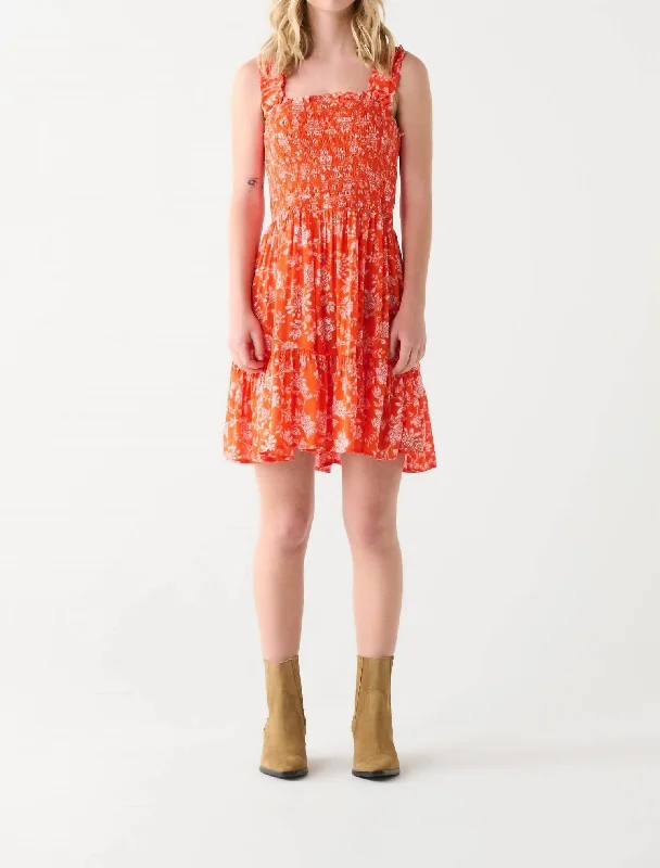 Smocked Bodice Mini Dress In Orange/crea,