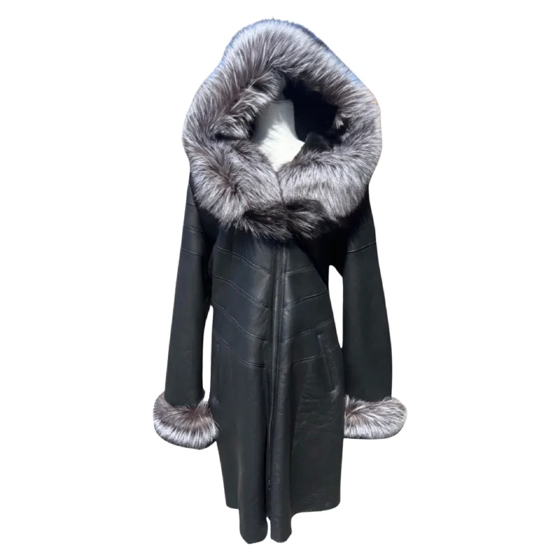 Black  Silver Fox trimmed 3/4 Women Shearling Coat  Style # 3200