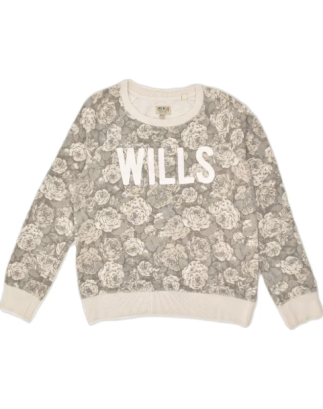 JACK WILLS Womens Sweatshirt Jumper UK 14 Large Grey Floral Cotton