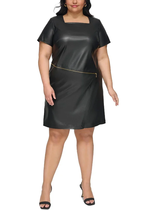 Plus Womens Faux Leather Sheath Dress