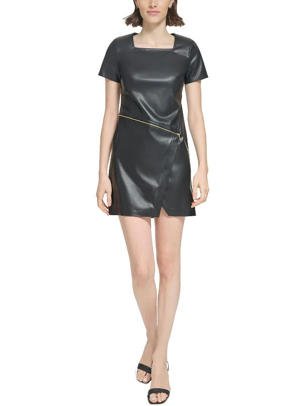 Womens Zipper Faux Leather Sheath Dress