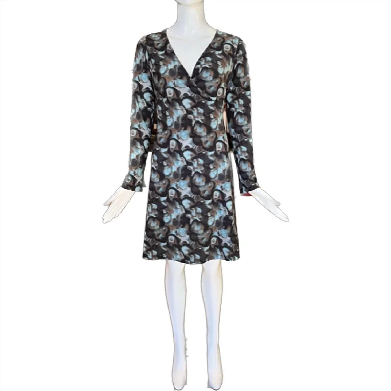 Long Sleeve Microfiber Dress With Cross-Over V-Neckline In Quote Print