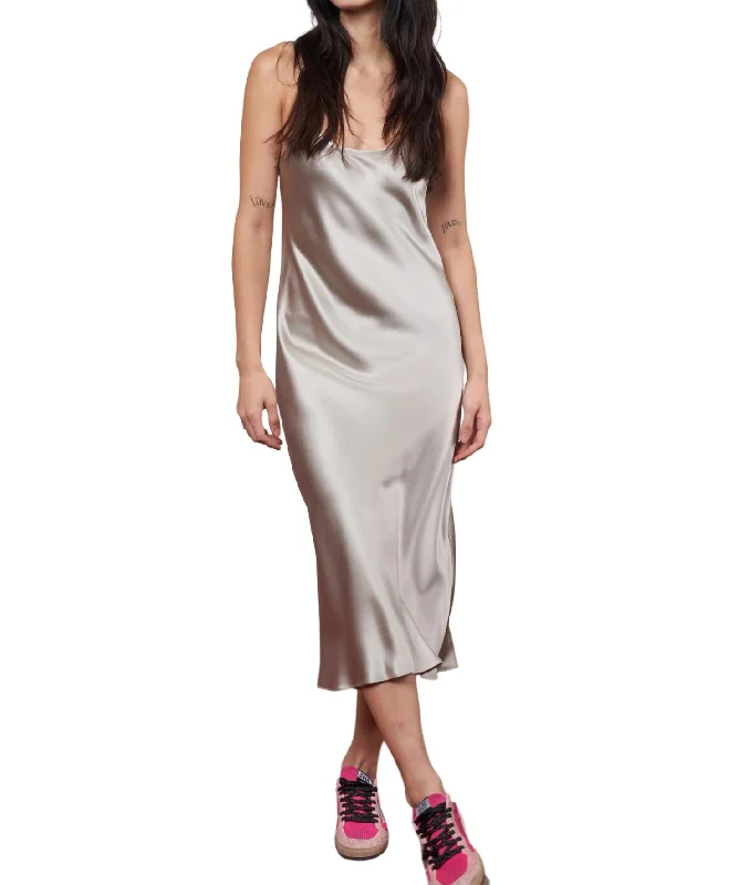 Midi Silk Slip Dress In Silvery Beige