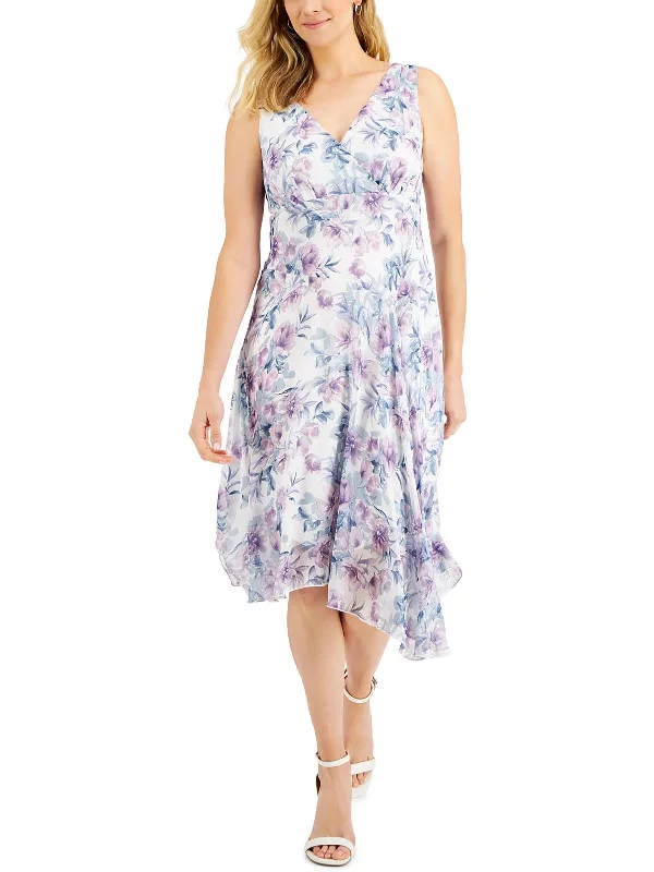 Petites Womens Midi Floral Print Midi Dress