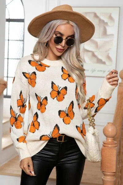 Butterfly Round Neck Long Sleeve Ladies Sweatshirt