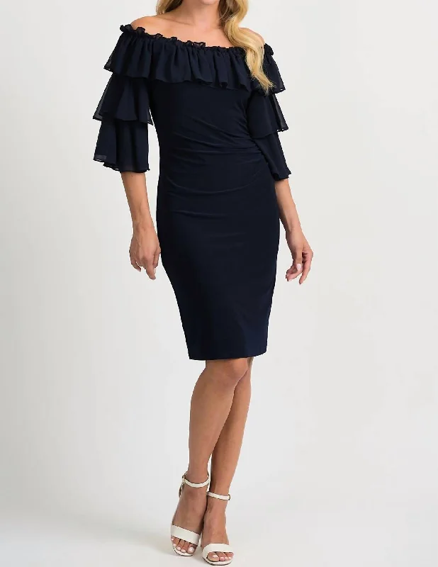 Layered And Sheer Cocktail Dress In Midnight Blue