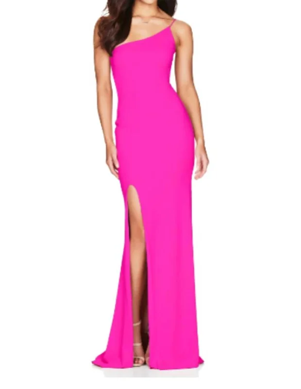 Jasmine One Shoulder Gown In Neon Pink